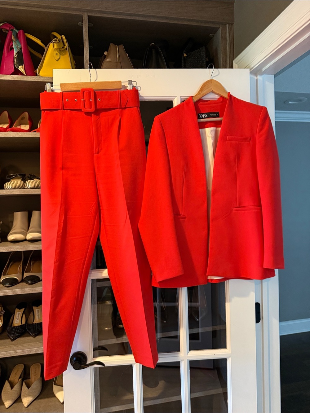 Zara Bright Orange Red High-Waist Belted Trouser Suit Size Small - Picture 3 of 6